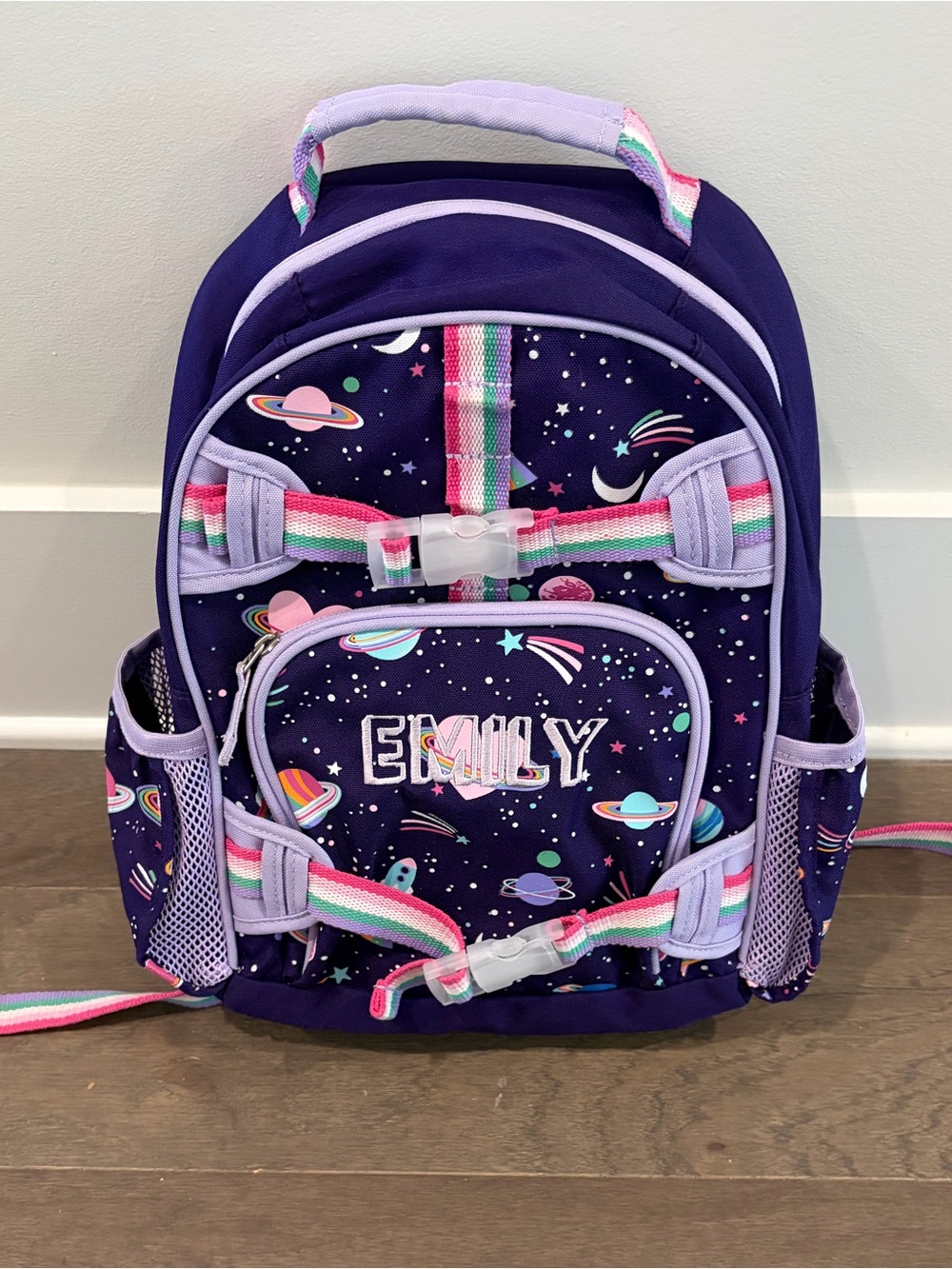 “Emily” SMALL PBK backpack, 15”, purple rainbow heart galaxy. USED